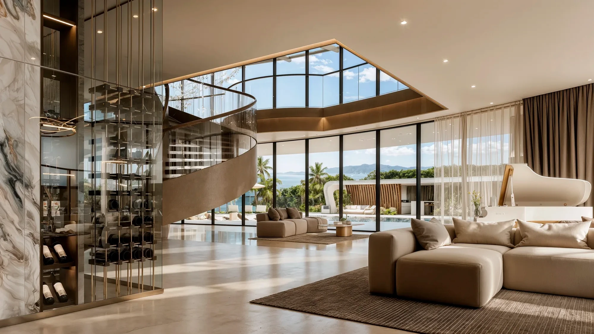Double height living room in glass
