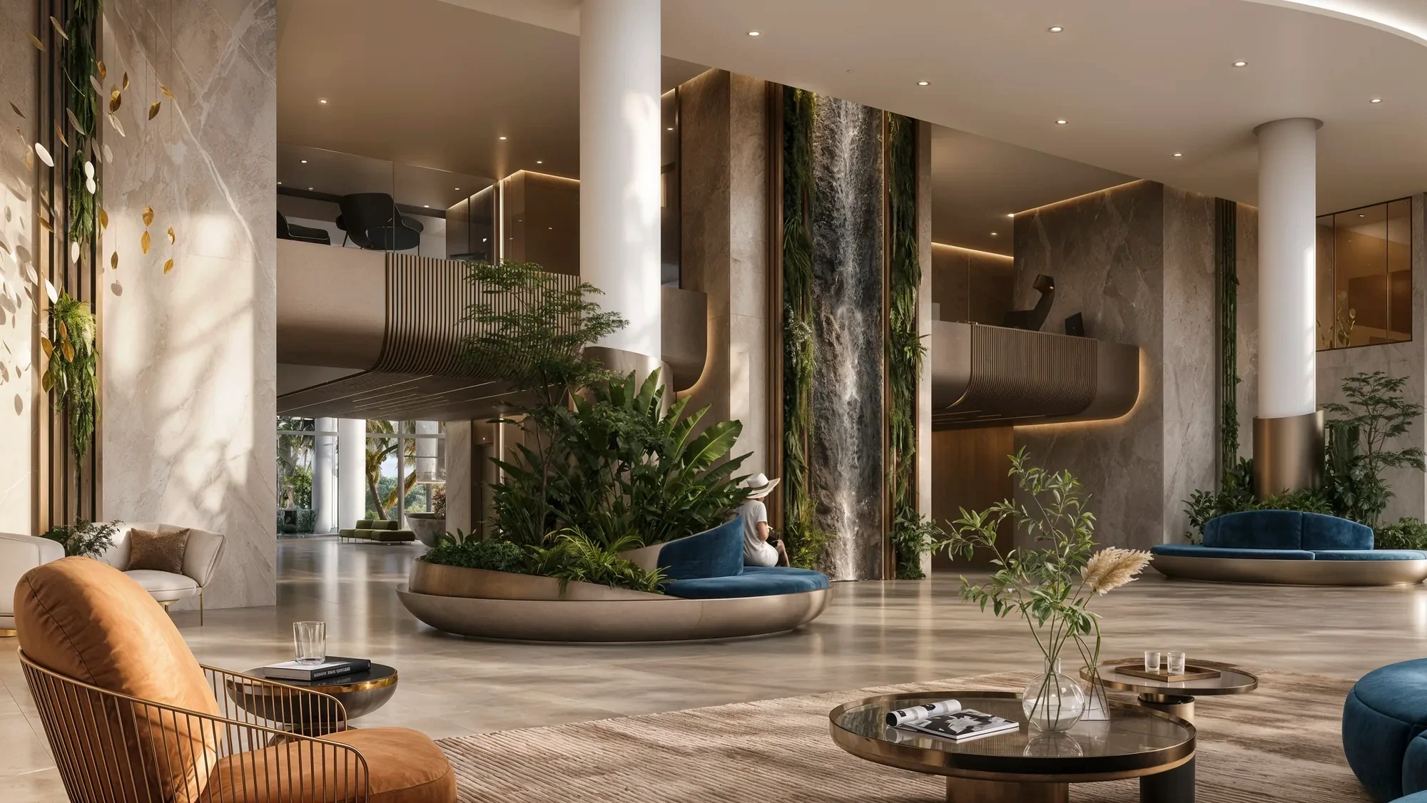 Arrival lobby with a planted courtyard
