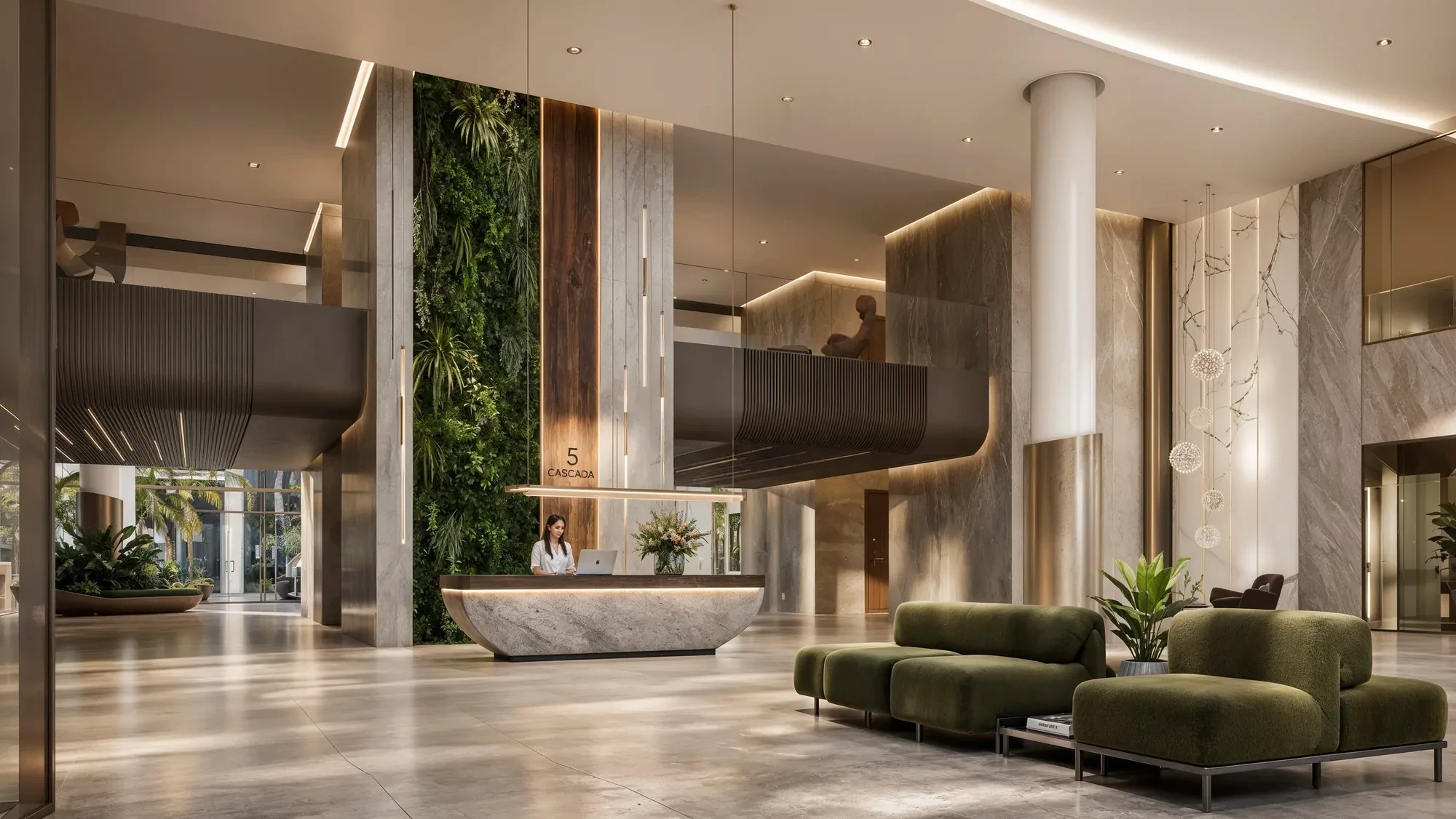 Green wall and columns in the arrival hall