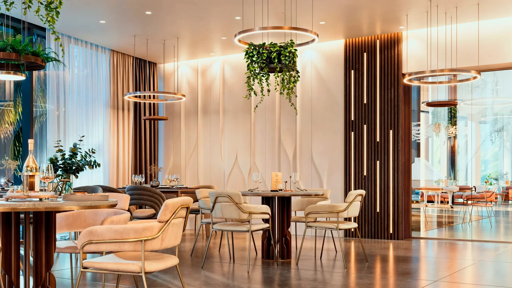 Restaurant with a suspended green canopy