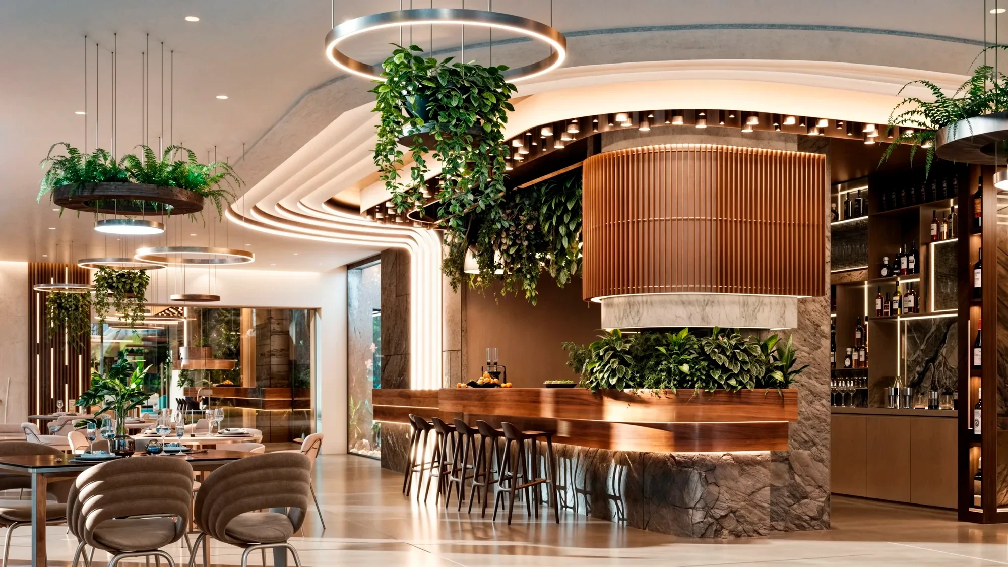 Dining room beneath layered pendant lighting