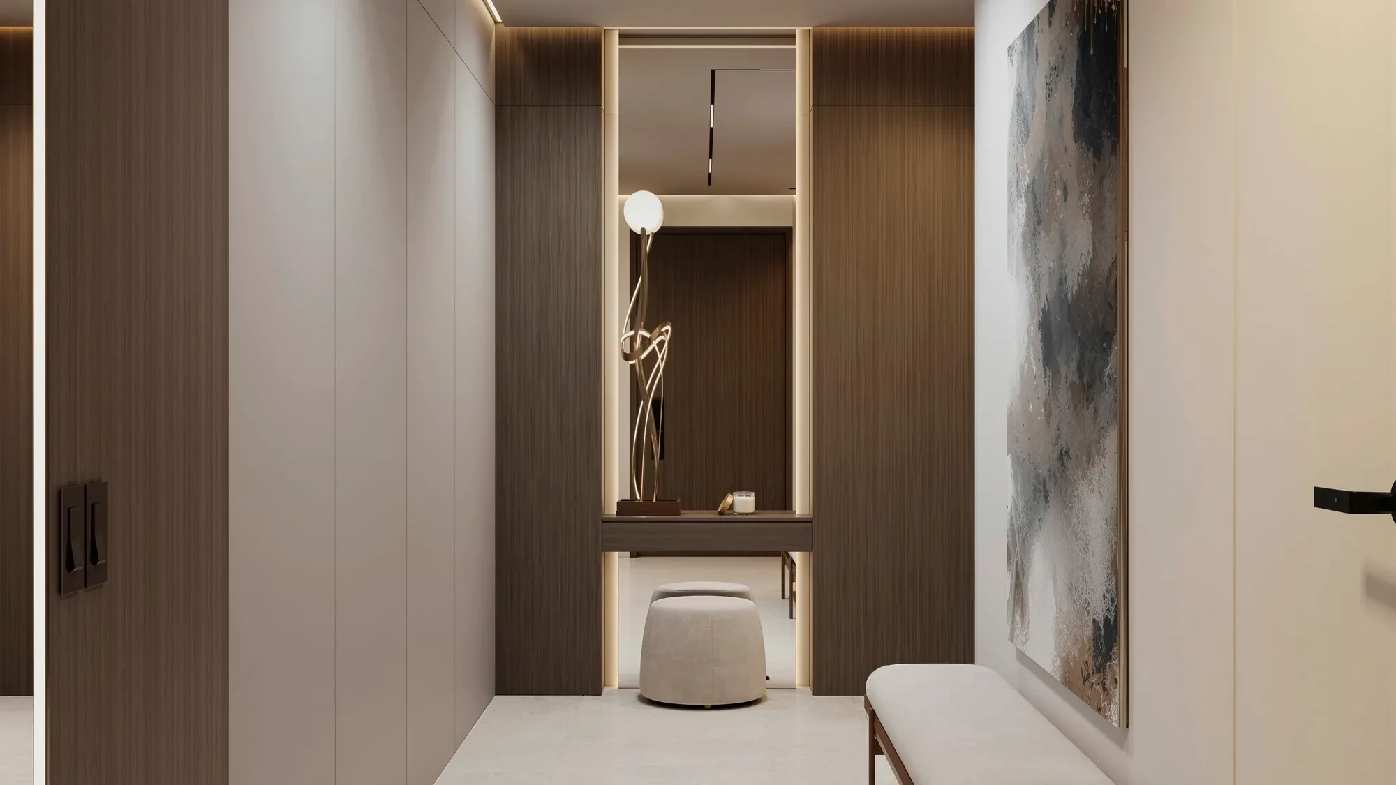 Dressing room with warm wood wardrobes