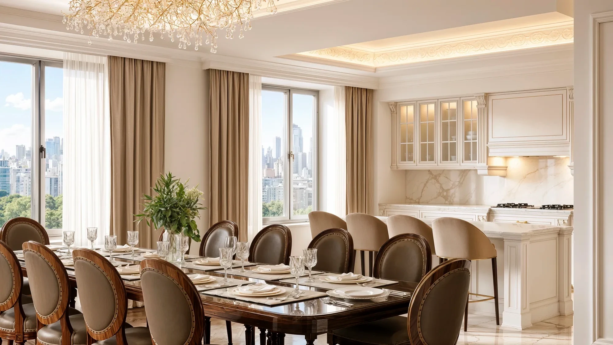 Formal dining room set beneath a crystal chandelier