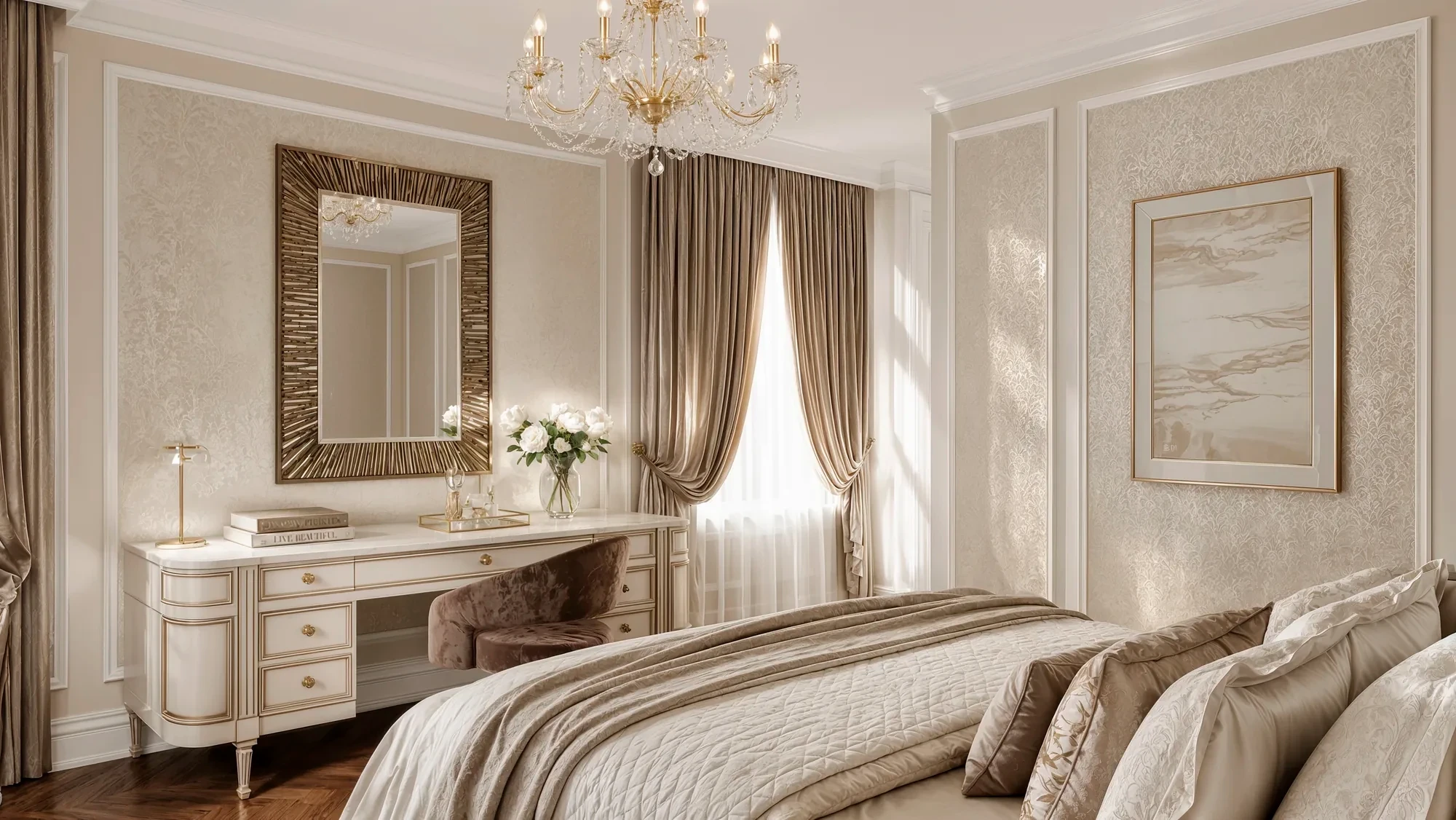 Bedroom vanity in soft morning light