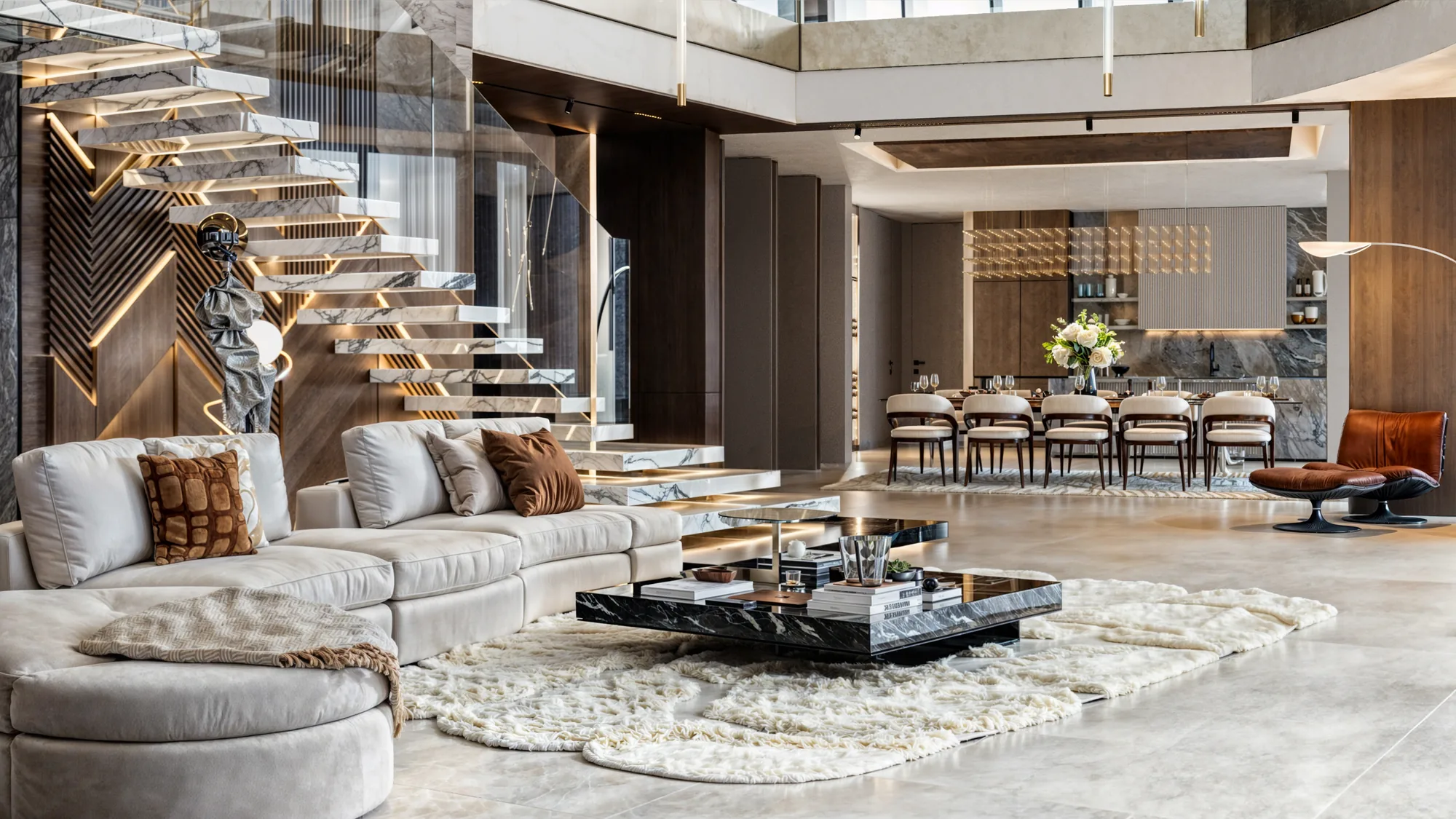 Double height living space open to the terrace
